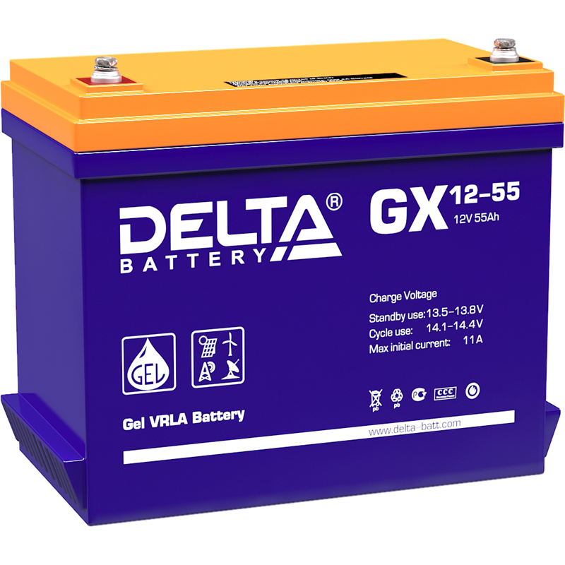 Батарея DELTA серия GX, GX 12-55, напряжение 12В, емкость 55Ач (разряд 20 часов), макс. ток разряда (5 сек.) 550А, макс. ток заряда 10.9А, свинцово-кислотная типа GEL, клеммы под болт М6, ДxШxВ 239х132х205мм., вес 17.3кг., срок службы 15 лет./ Battery DE