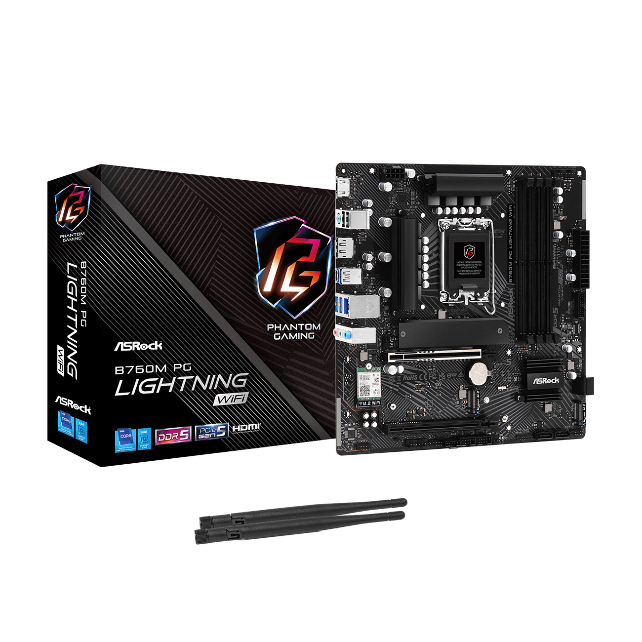 Материнская плата ASROCK B760M PG LIGHTNING WIFI, LGA1700, B760, 4*DDR5, 4*SATA, 3*M.2, 3*USB 3.2, 2*USB 2.0, Type-C, 2*PCIx16, 1*M.2 (Key E) HDMI+DP, mATX