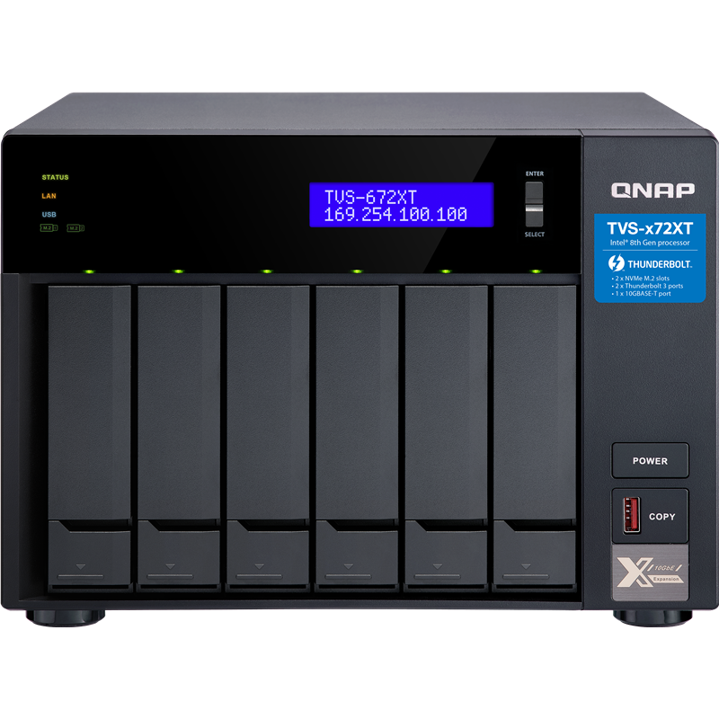 SMB QNAP TVS-672XT-i3-8G 6-Bay NAS, Intel Core i3-8100T 4-core 3.1 GHz Processor, 8GB DDR4 RAM (max 32GB RAM), 6x 2.5"/ 3.5" SATA HDD/ SSD + 2x M.2 PCIe SSD slot, 2xGbE LAN, 1 x 10GBase-T, 2 x Thunderbolt 3 port