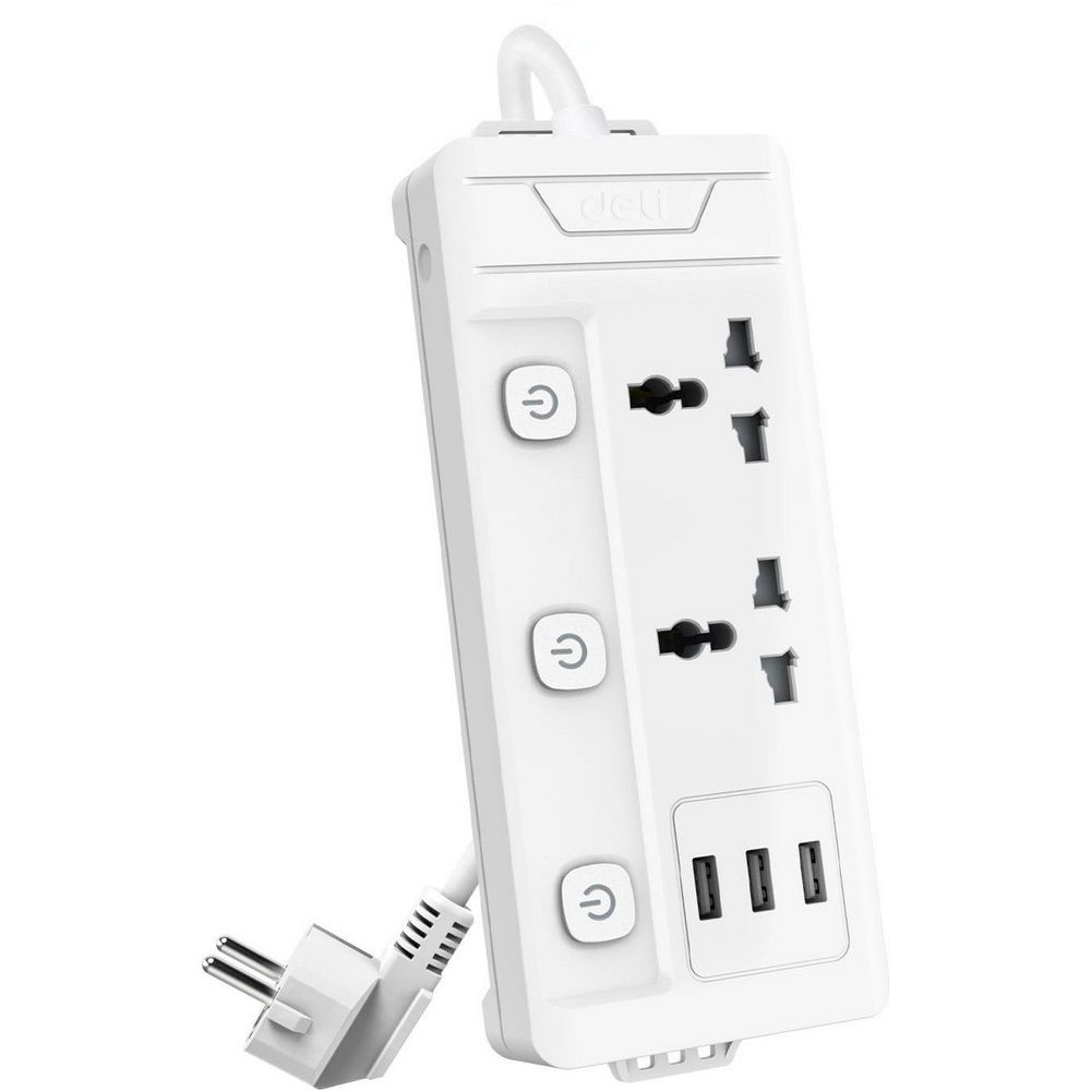 Сетевой фильтр универсальный Deli ET409 / 2розетки + 3USB , 2 м