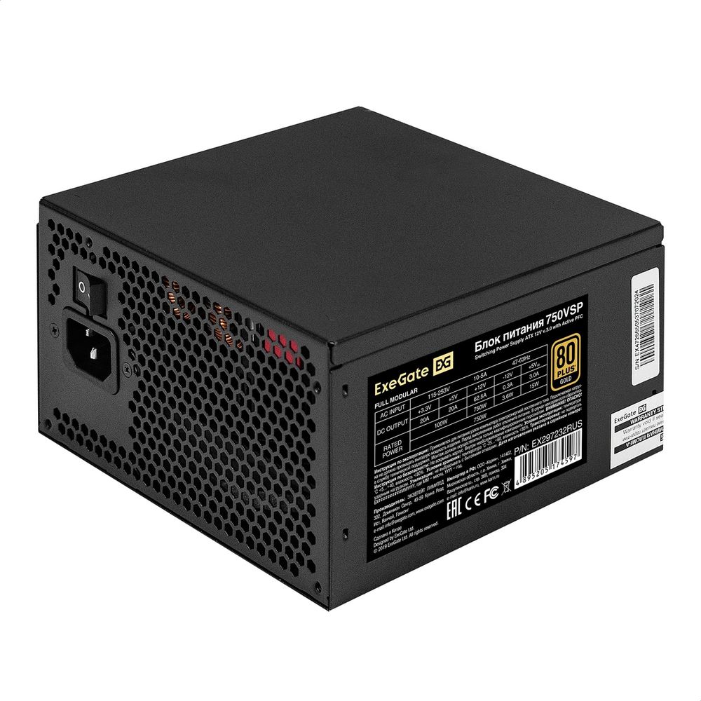 Exegate EX297232RUS Блок питания 750W 80 PLUS® GOLD 750VSP FC (ATX3.0, APFC, КПД 90% (80 PLUS GOLD), 120mm fan, 24pin, 2x(4+4)pin, PCIE5.0/ 12VHPWR, 4xPCI-E, 6xSATA, 3xIDE, 1xFDD, Full Cable Management