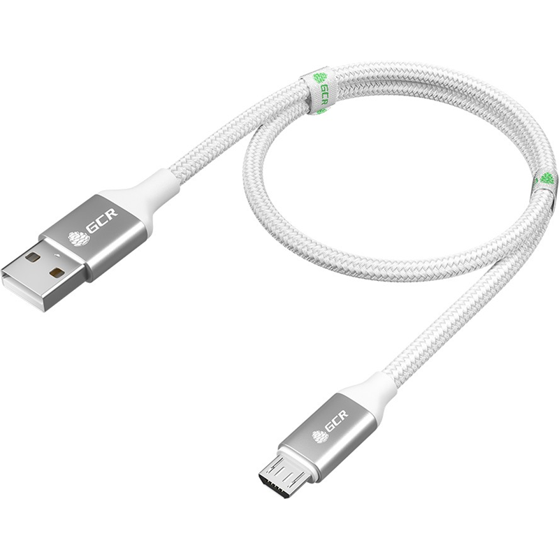 GCR QC Кабель 1.0m MicroUSB, быстрая зарядка, белый нейлон, AL корпус серебро, белый ПВХ, 28/ 24 AWG, GCR-52468