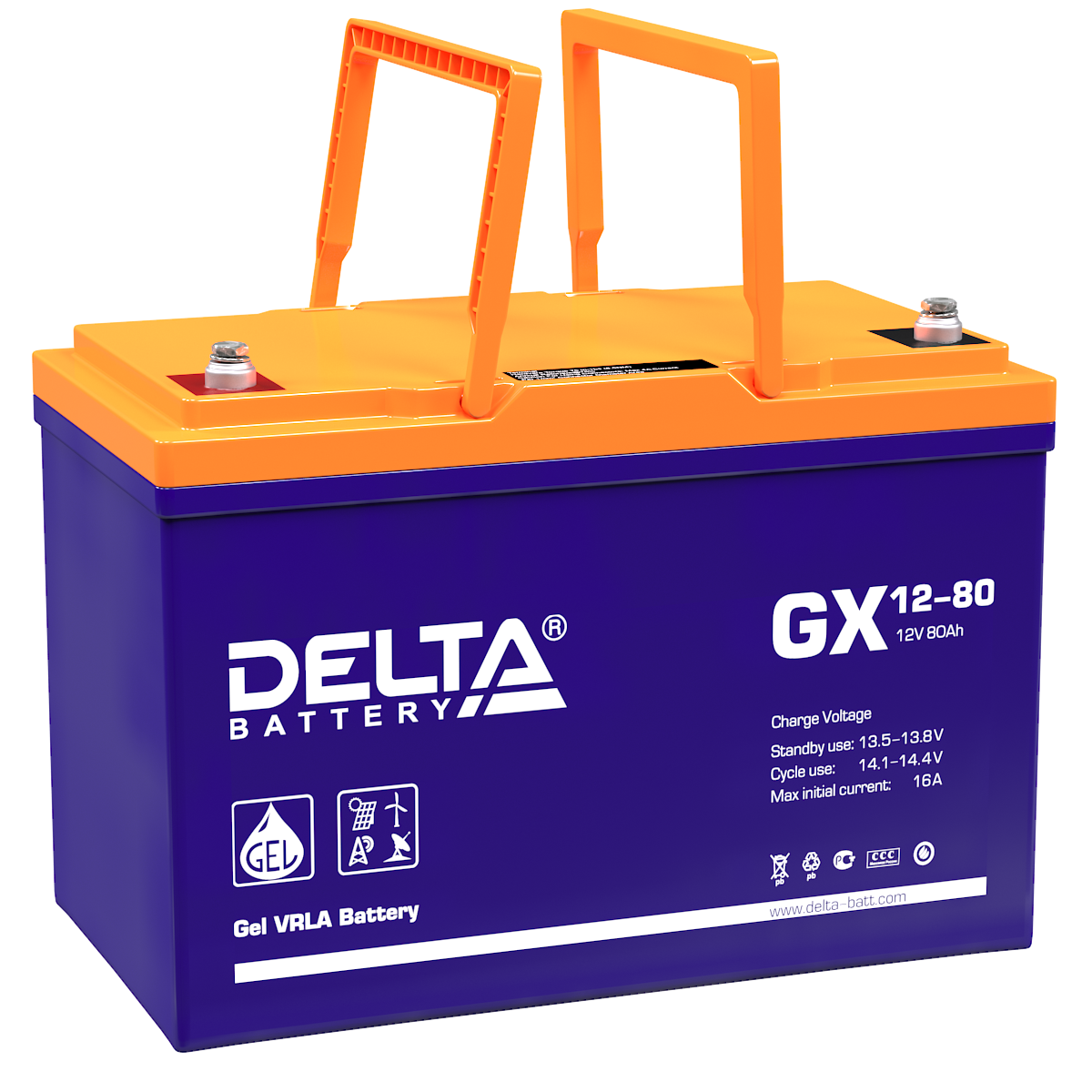 Батарея DELTA серия GX, GX 12-90, напряжение 12В, емкость 90Ач (разряд 10 часов), макс. ток разряда (5 сек.) 800А, макс. ток заряда 18А, свинцово-кислотная типа GEL, клеммы под болт М6, ДxШxВ 306х169х210мм., вес 30кг., срок службы 15 лет./ Battery DELTA