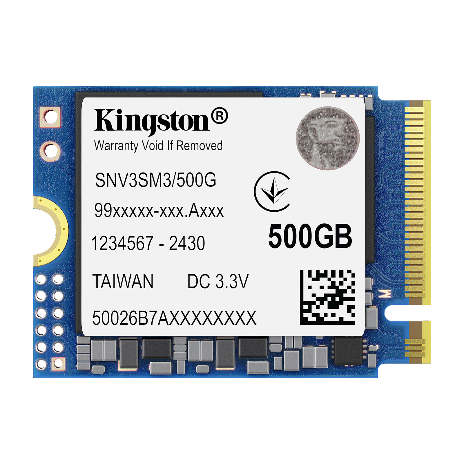 Твердотельный накопитель/ Kingston SSD NV3, 500GB, M.2(22x30mm), NVMe, PCIe 4.0 x4, 3D TLC, R/W 5000/3000MB/s, TBW 160, DWPD 0.2 (60 мес) (SNV3SM3/500G)