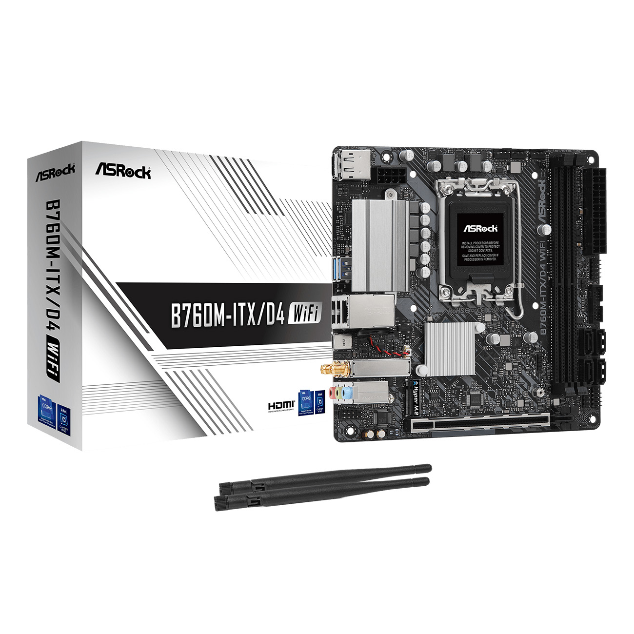 Материнская плата ASROCK B760M-ITX/D4 WIFI, LGA1700, B760, 2*DDR4, 4*SATA, 1*M.2, 2*USB 3.2, 2*USB 2.0, Type-C, 1*PCIx16, 1*M.2 (Key E), HDMI+DP, mITX