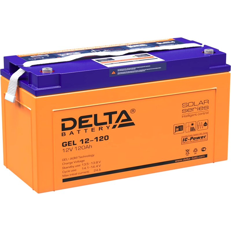 Батарея DELTA серия GEL, GEL 12-120, напряжение 12В, емкость 120Ач (разряд 10 часов), макс. ток разряда (5 сек.) 950А, макс. ток заряда 24А, свинцово-кислотная типа AGM+GEL, клеммы под болт М8, ДxШxВ 406х172х223мм., вес 38.4кг., LCD, срок службы 10-12 ле