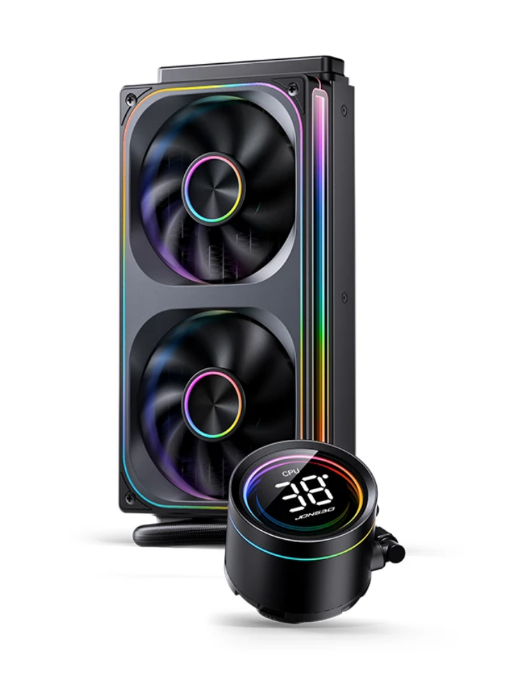 Система жидкостного охлаждения/ Water Cooling System JONSBO TH-240 Black (260W, 240mm, LED temp., Black, ARGB/ Fans: 2x120mm, 62.4CFM, 37.3dBA, 2400RPM/ Pump height 72mm, 30dBA, 2400RPM, Rad thickness 27mm/ S: 1851, 1700, 1200, 115X, AM5, AM4)