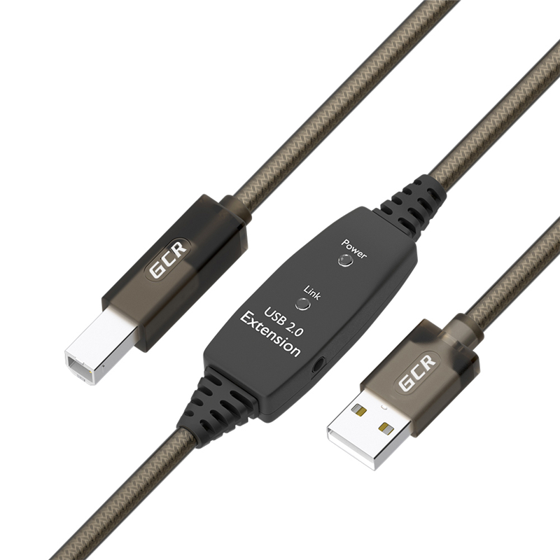 GCR Кабель активный 7.5m USB 2.0, AM/BM, черно-прозрачный, с усилителем сигнала, разъём для доп.питания, 28/24 AWG (GCR-53782)