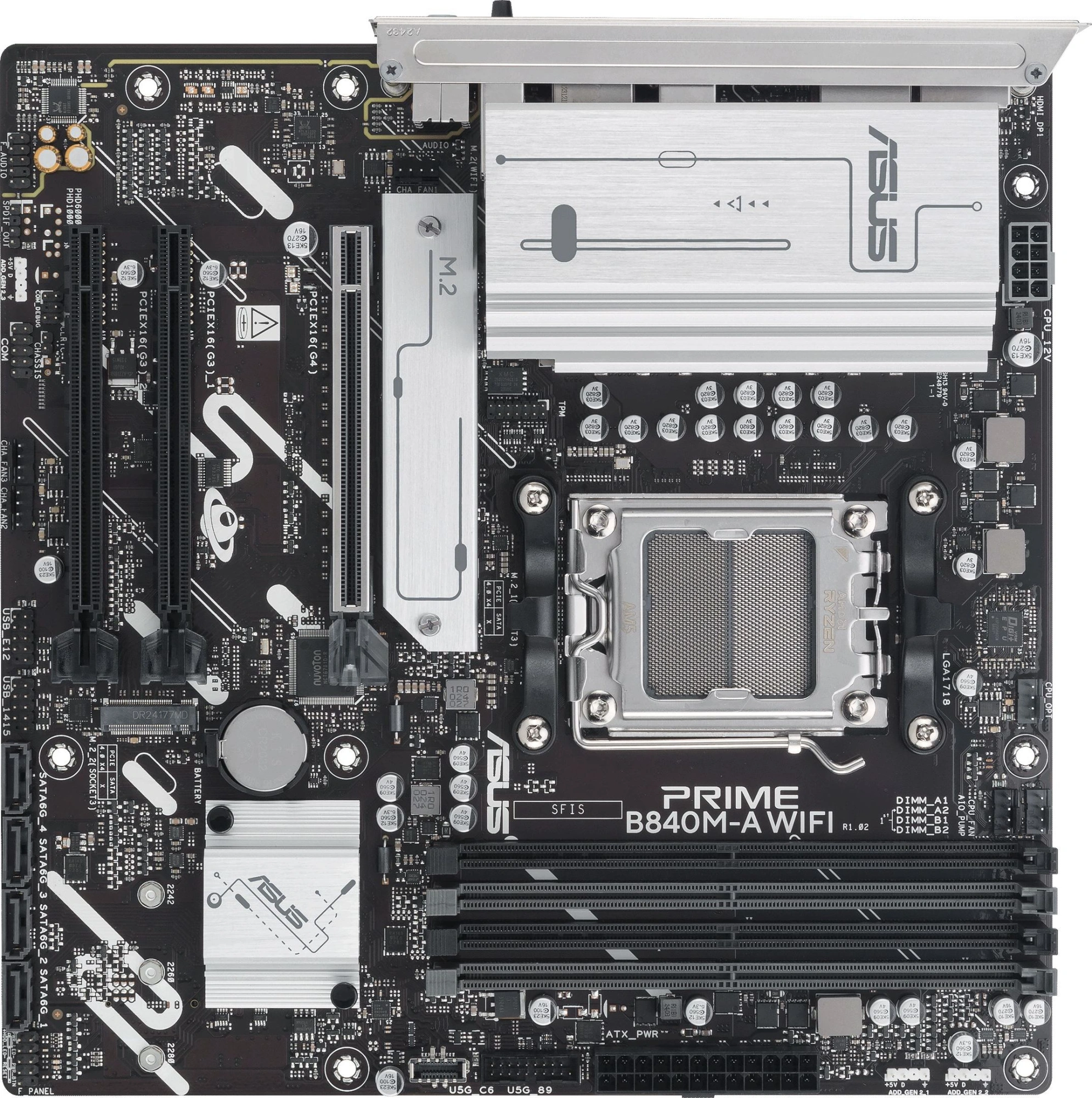 Материнская плата ASUS PRIME B840M-A WIFI, AM5, B840, 4*DDR5, 4*SATA, 3*M.2, 2*USB 3.2, 4*USB 2.0, Type-C, 4*PCIx16, 2* DP+HDMI, mATX; 90MB1J20-M0EAY0