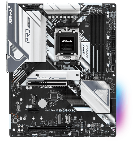 Материнская плата ASROCK B650 PRO RS, AM5, B650, 4*DDR5, 4*SATA, 3*M.2, 3*USB 3.2, 6*USB 2.0, Type-C, 2*PCIx16, 1*PCIx1, 1*M.2 (Key E), HDMI+DP, ATX