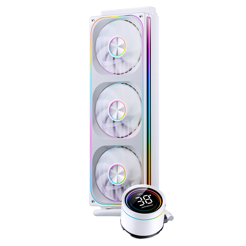 Система жидкостного охлаждения/ Water Cooling System JONSBO TH-360 White (300W, 360mm, LED temp., White, ARGB/ Fans: 3x120mm, 62.4CFM, 37.3dBA, 2400RPM/ Pump height 72mm, 30dBA, 2400RPM, Rad thickness 27mm/ S: 1851, 1700, 1200, 115X, AM5, AM4)