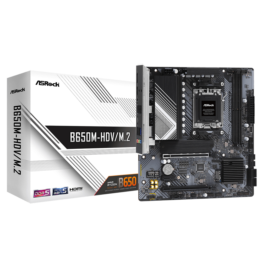 Материнская плата ASROCK B650M-HDV/M.2, AM5, B650, 2*DDR5, 4*SATA, 2*M.2, 2*USB 3.2, 4*USB 2.0, Type-C, 2*PCIx16, 1*PCIx1, 1*M.2 (Key E), HDMI+DP, mATX