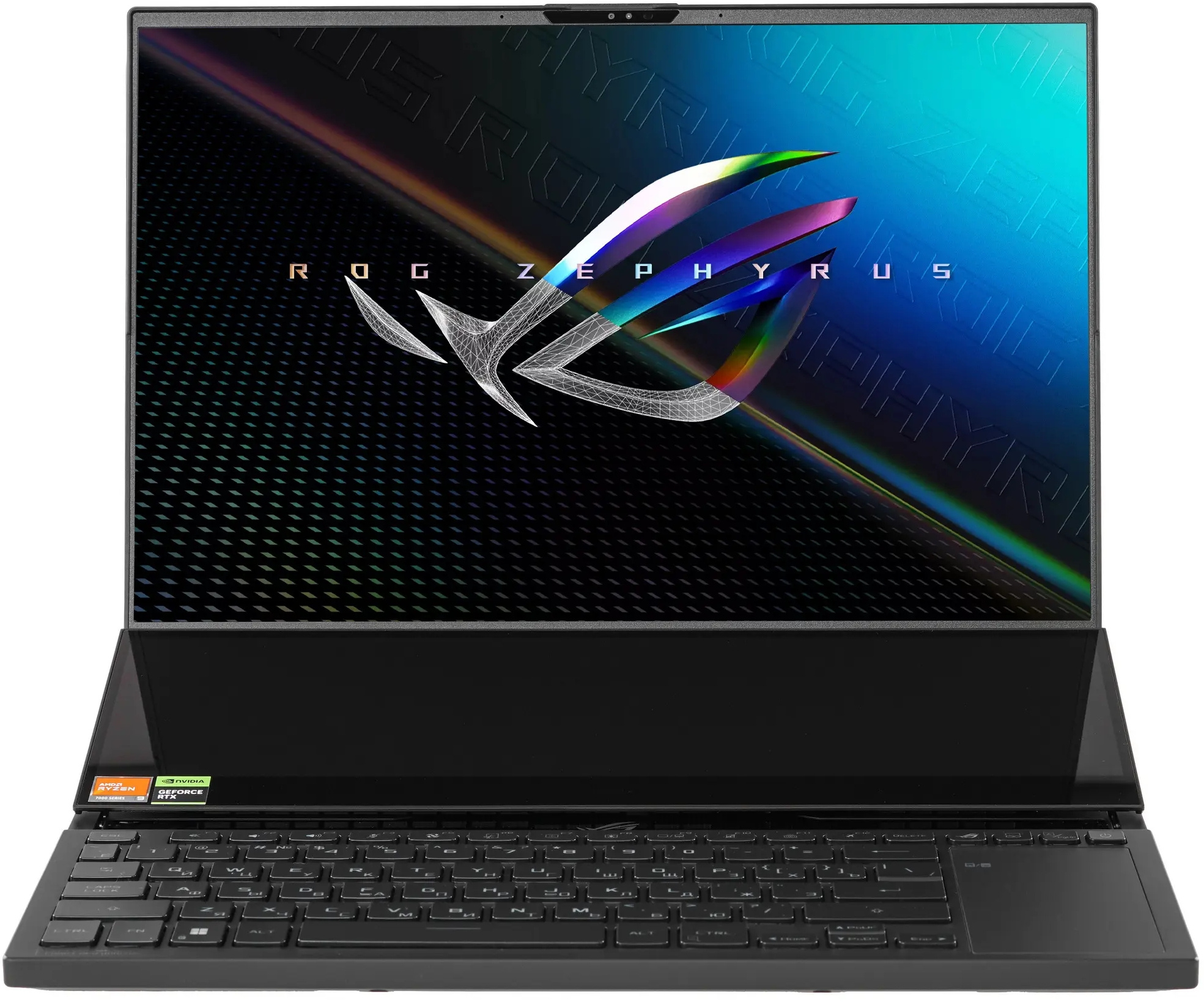 Ноутбук/ ASUS ROG Zephyrus Duo 16 GX650PY-NM085W 16"(2560x1600 mini LED)/ AMD Ryzen 9 7945HX(2.5Ghz)/ 32768Mb/ 2TbPCISSDGb/ noDVD/ Ext:nVidia GeForce RTX4090(16384Mb)/ Cam/ BT/ WiFi/ 90WHr/ war 1y/ 2.67kg/ Black/ (90NR0BI1-M004X0)