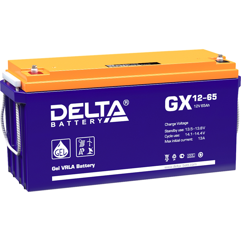 Батарея DELTA серия GX, GX 12-65, напряжение 12В, емкость 65Ач (разряд 20 часов), макс. ток разряда (5 сек.) 650А, макс. ток заряда 12.86А, свинцово-кислотная типа GEL, клеммы под болт М6, ДxШxВ 350х167х179мм., вес 23.4кг., срок службы 15 лет./ Battery D
