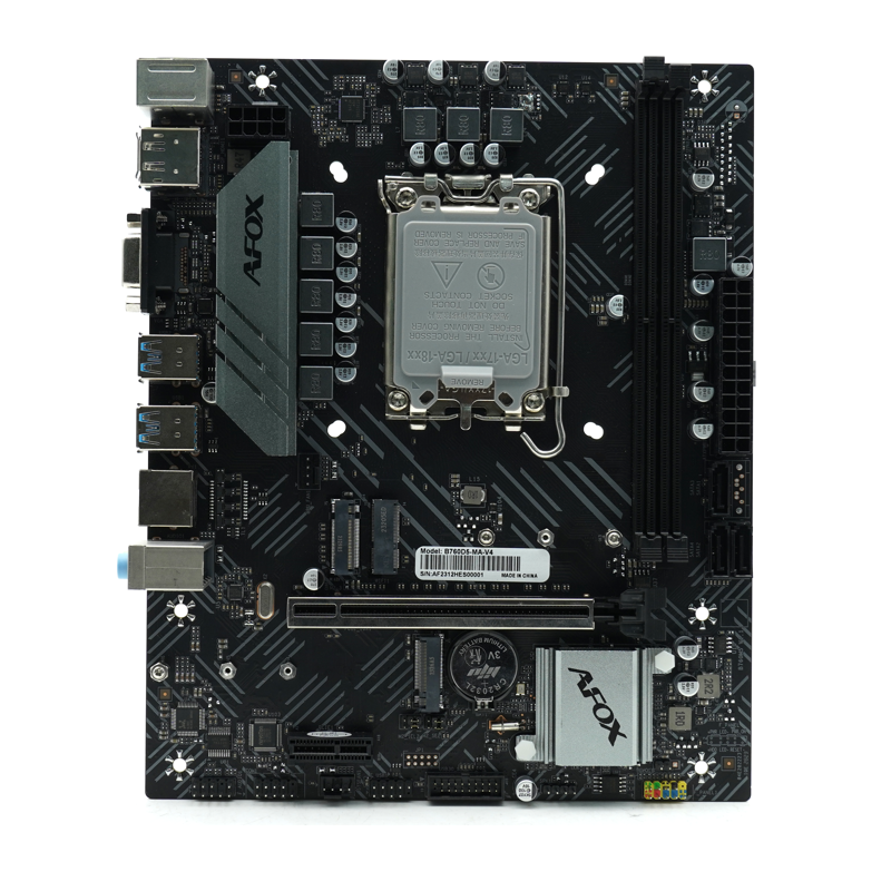 Материнская плата/ MB AFOX INTEL B760 s1700, 2xDDR5(64GB), 1xPCIe 4.0x16, 1xPCIe x1, 1xMPCIe, 1xHDMI, 1xD-Sub, 1xLAN(1GbE), 3xSATA, 1xM.2, 4xUSB 3.0, 2xUSB 2.0, 2xPS/2, mATX (B760D4-MA5-V2)