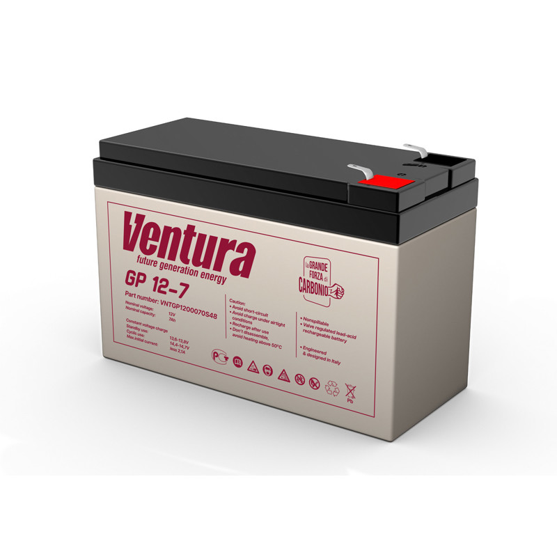 Батарея Ventura серия GP, GP12-7, напряжение 12B, емкость 7Ач (разряд 20 часов), макс. ток заряда 1.8А, свинцово-кислотная типа AGM, клеммы T2, ДШВ 151х65х100мм, вес 2.04кг/ Ventura battery GP series, GP12-7, voltage 12V, capacity 7Ah (discharge 20 h