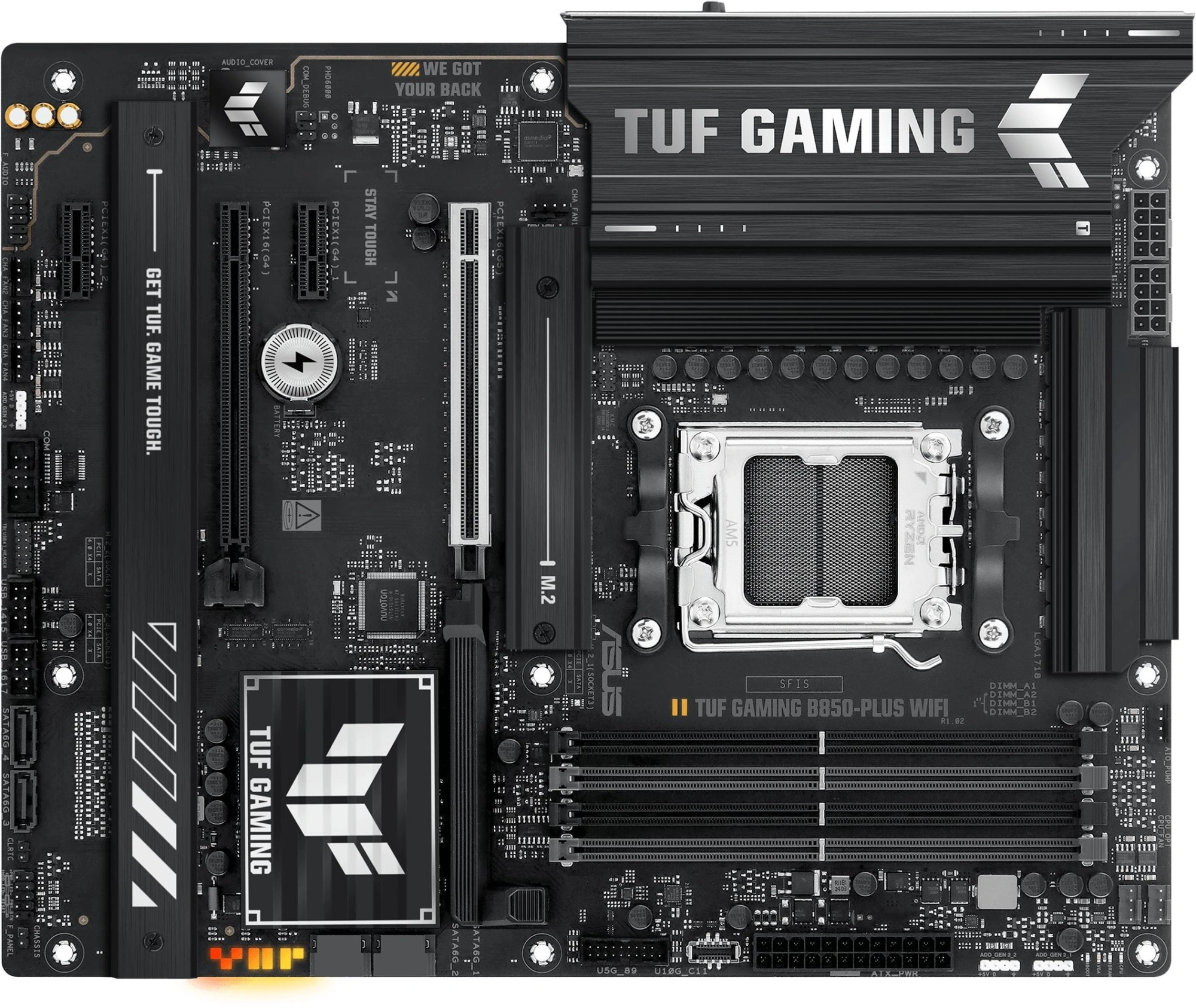 Материнская плата ASUS TUF GAMING B850-PLUS WIFI, AM5, B850, 4*DDR5, 4*SATA, 3*M.2, 7*USB 3.2, 2*USB 2.0, Type-C, 3*PCIx16, 2*PCIx1, DP+HDMI, ATX; 90MB1J30-M0EAY0