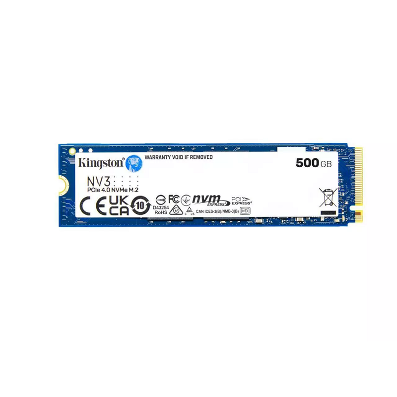 Твердотельный накопитель/ Kingston SSD NV3, 500GB, M.2(22x80mm), NVMe, PCIe 4.0 x4, 3D TLC, R/W 5000/3000MB/s, TBW 160, DWPD 0.3 (12 мес) (SNV3S/500G)