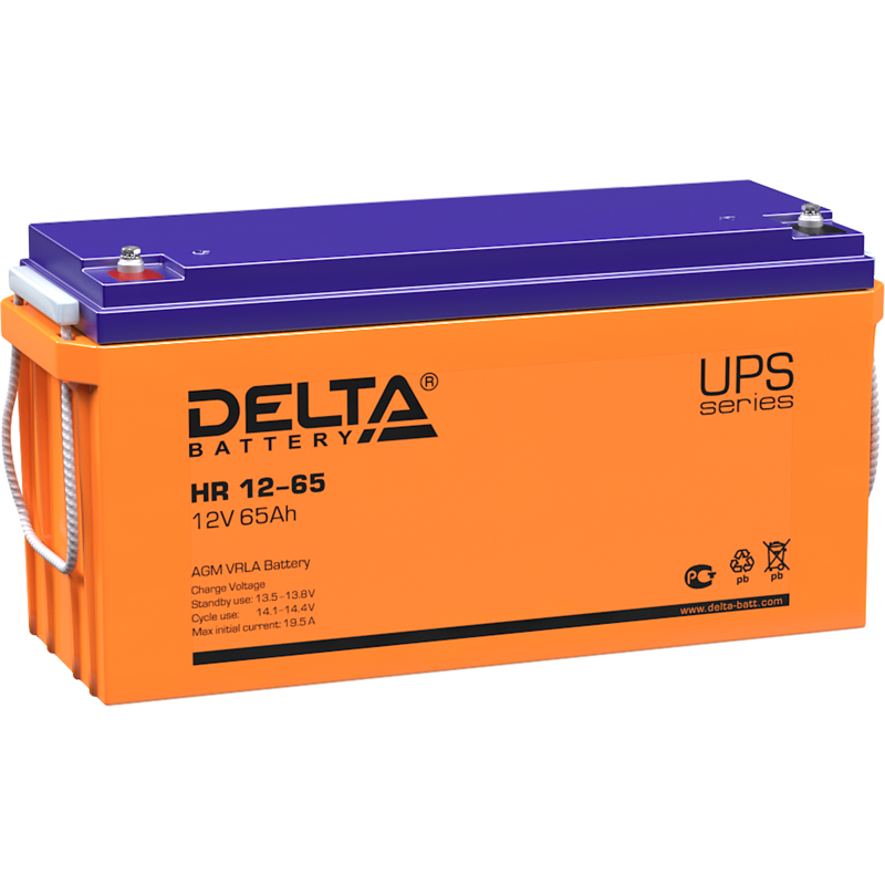 Батарея DELTA серия HR, HR 12-65, напряжение 12В, емкость 65Ач (разряд 10 часов), макс. ток разряда (5 сек.) 650А, макс. ток заряда 19.5А, свинцово-кислотная типа AGM, клеммы под болт М6, ДxШxВ 350х167х179мм., вес 23.4кг., срок службы 10-12 лет./ Battery