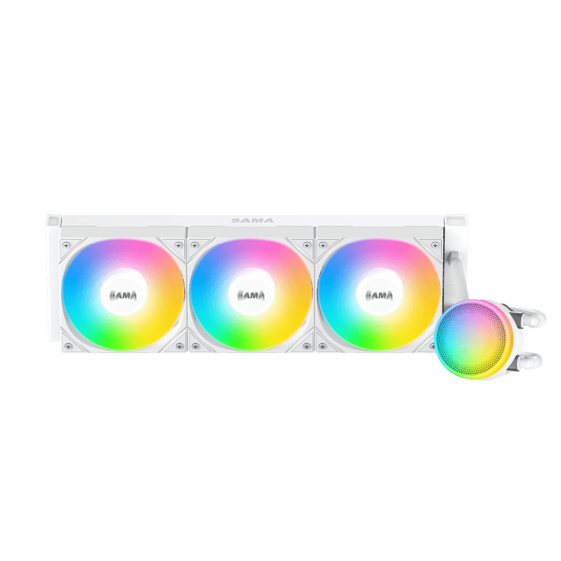 Водяное охлаждение для процессора/ Water Cooling System SAMA L60 White (360mm, White, ARGB/ Fans: 3x120mm, 82.79CFM, 29dBA, 2000RPM/ Pump height 52mm, 29dBA, 2500RPM, Rad thickness 27mm/ S: 1851, 1700, 120 (L60-WHWAYXO3-G)