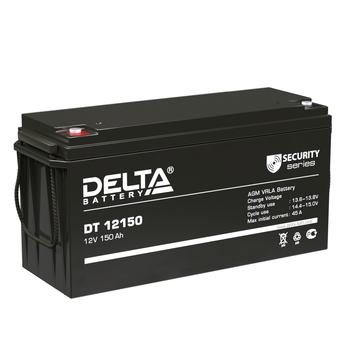 Батарея DELTA серия DT, DT 12150, напряжение 12В, емкость 150Ач (разряд 20 часов), макс. ток разряда (5 сек.) 1500А, макс. ток заряда 45А, свинцово-кислотная типа AGM, клеммы под болт М8, ДxШxВ 486х171х243мм., вес 40кг., срок службы 10 лет./ Battery DELT