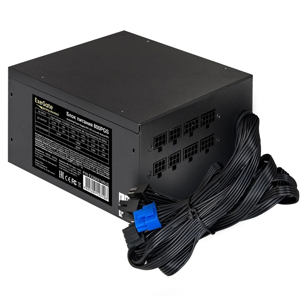 Блок питания 800W ExeGate Gaming Standard 800PGS (ATX, APFC, КПД 80% (80 PLUS), 14cm fan, 24pin, 2x(4+4)pin, 6xPCI-E, 8xSATA, 4xIDE, Cable Management, black, RTL) (EX285974RUS)