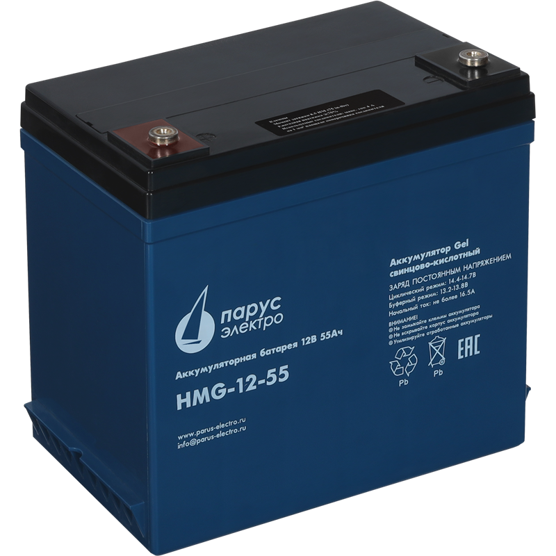 Battery Parus Electro, professional series HMG-12-55, voltage 12V, capacity 55Ah (discharge 10 hours), max. discharge current (5sec) 550A, max. charge current 16.5A, lead-acid GEL type, M6 bolt terminals, LxWxH 239x132x205mm., total height with terminals