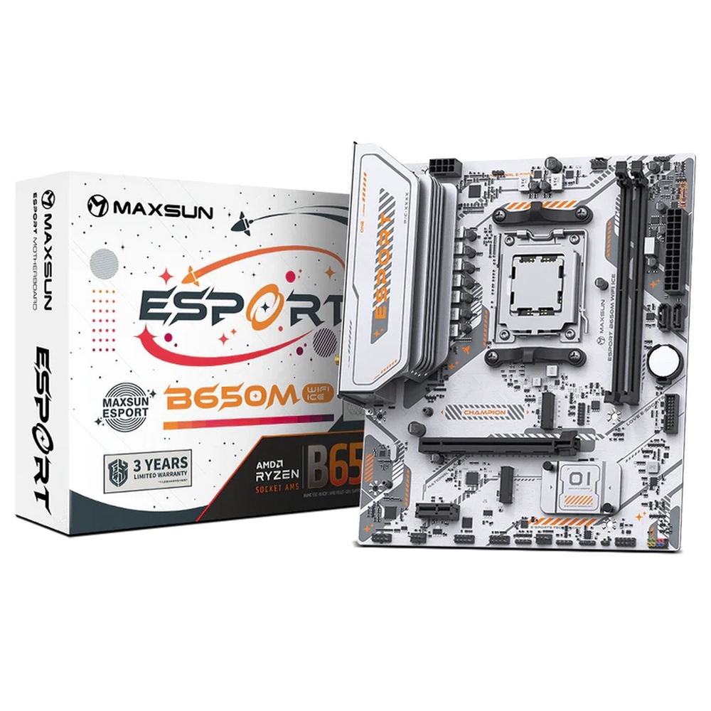 Материнская плата Maxsun MS-eSport B650M WIFI6 ICE B650, AM5, 2*DDR5, 1*PCIEx16, 1*PCIEx1, 2*M.2, 6*USB3.2Gen1, 4*USB2.0, 2*SATA3.0, 1G, DP, HDMI, M-ATX, RTL (6940709661055)