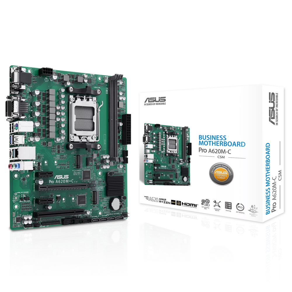 Материнская плата ASUS PRO A620M-C-CSM, Socket AM5, A620, 2*DDR5, DP+DVI-D+VGA+HDMI, 4xSATA3, Audio, Gb LAN, USB 3.2, USB 2.0, COM port, mATX (90MB1F80-M0EAYC)