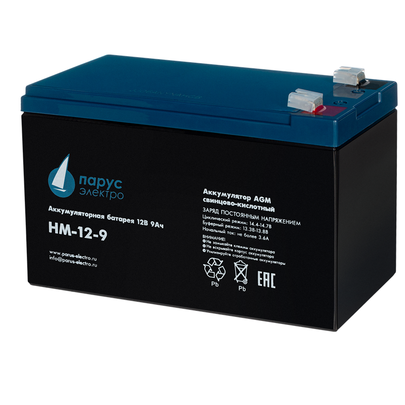 Battery Parus Electro, standard series HM-12-9, voltage 12V, capacity 9Ah (discharge 20 hours), max. discharge current (5sec) 135A, max. charge current 3.6A, lead-acid type AGM, terminals F2, LxWxH 151x65x94mm., total height with terminals 100mm., weight