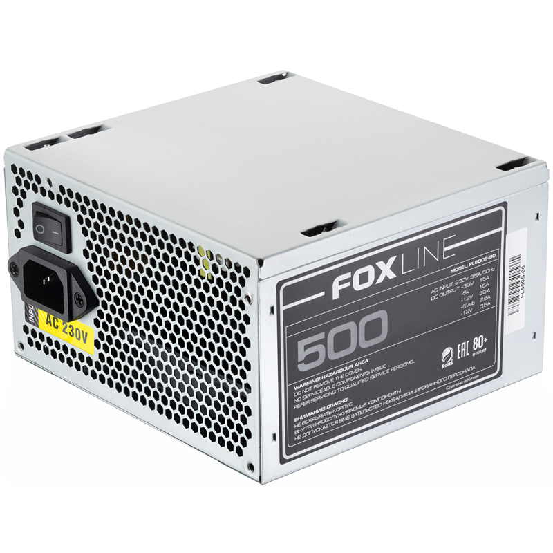 Power Supply Foxline, 500W, ATX, APFC, 120FAN, CPU 8(4+4)pin, MB 24pin, PCI-E 6+2pin, 1*PATA, 3*SATA, 80+ (FL500S-80)