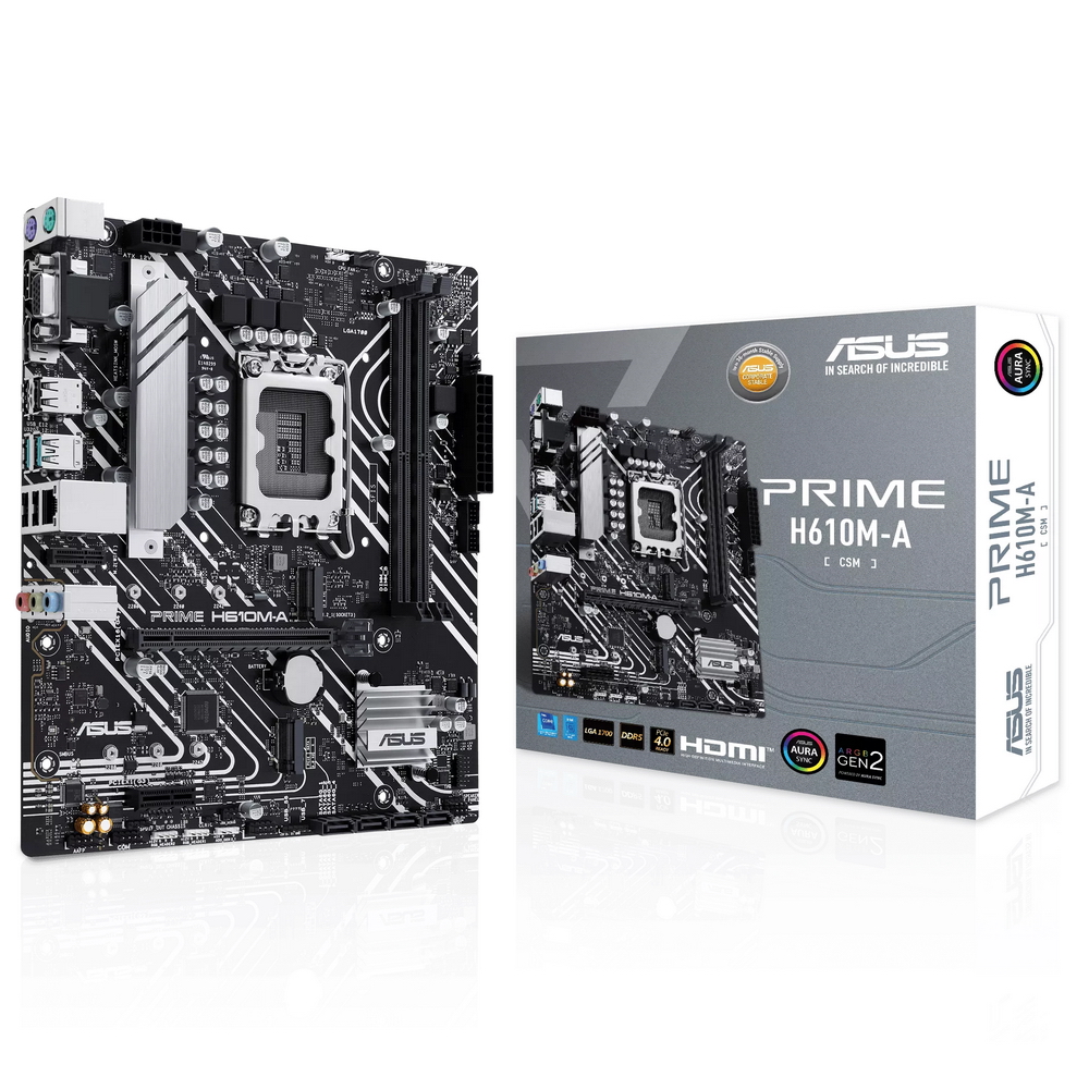 Материнская плата ASUS PRIME H610M-A-CSM, LGA1700, H610, 2*DDR5, 4*SATA, 2*M.2, 2*USB 3.2, 4*USB 2.0, 1*PCIx16, 1*PCIx1, HDMI+DP+D-Sub, mATX (90MB1G20-M0EAYC)