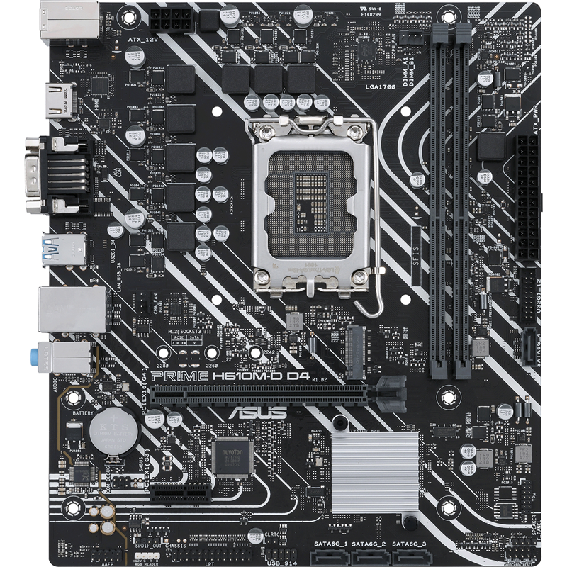 Материнская плата ASUS PRIME H610M-D D4, s1700 (12 Gen Core/Pen/Cel), 2xDDR4(64GB), D-SUB/HDMI 2.1, 1xPCIe 4.0x16, 1xPCIe 3.0, 1xGBL, 4xSATA 6Gb/s, 1xM.2, 1xCOM, 2xUSB 3.2, 4xUSB 2.0, 1xPS/2, mATX (90MB1A00-M0EAY0)