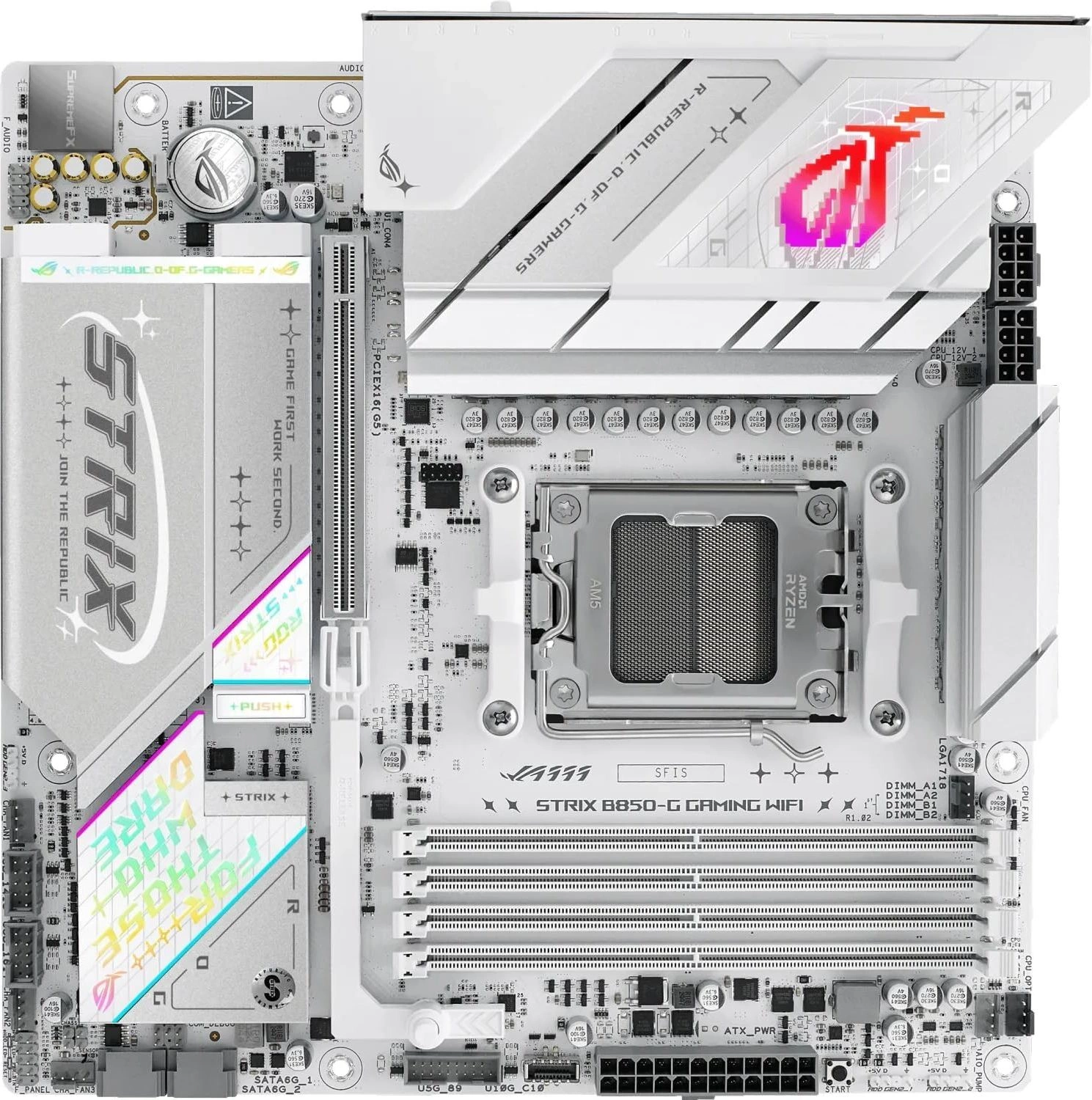 Материнская плата ASUS ROG STRIX B850-G GAMING WIFI, AM5, B850, 4*DDR5, 2*SATA, 4*M.2, 6*USB 3.2, 2*USB 2.0, Type-C, 2*PCIx16, DP+HDMI, ATX; 90MB1M30-M0EAY0