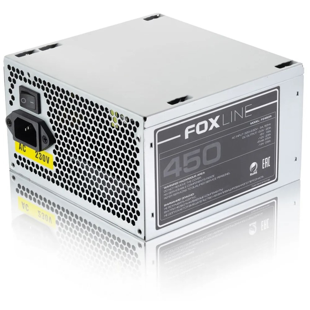 Блок питания 450Вт/ Power Supply Foxline, 450W, ATX, NOPFC, 120FAN, 2xSATA, 2xPATA, 1xFDD, 24+4 (FZ450R)