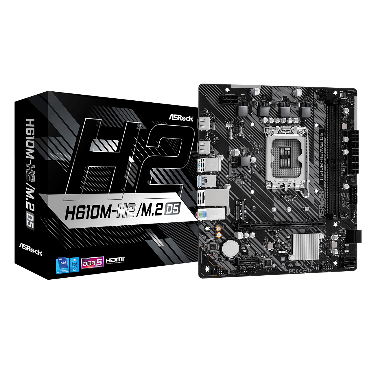 Материнская плата ASROCK H610M-H2/M.2 D5, LGA1700, H610, 2*DDR5, 4*SATA, 1*M.2, 2*USB 3.2, 4*USB 2.0, 1*PCIx16, 1*PCIx1, 2*HDMI, mATX