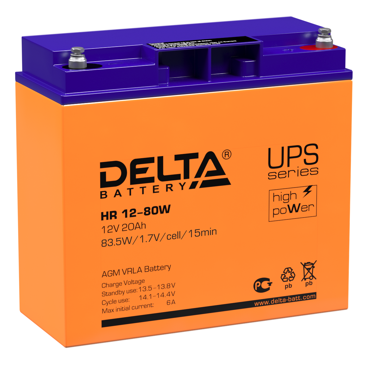Батарея DELTA серия HR-W, HR 12-80 W, напряжение 12В, емкость 20Ач (разряд 20 часов), макс. ток разряда (5 сек.) 300А, макс. ток заряда 6А, свинцово-кислотная типа AGM, клеммы под болт М5, ДxШxВ 181х77х167мм., вес 6.5кг., срок службы 8 лет./ Battery DELT