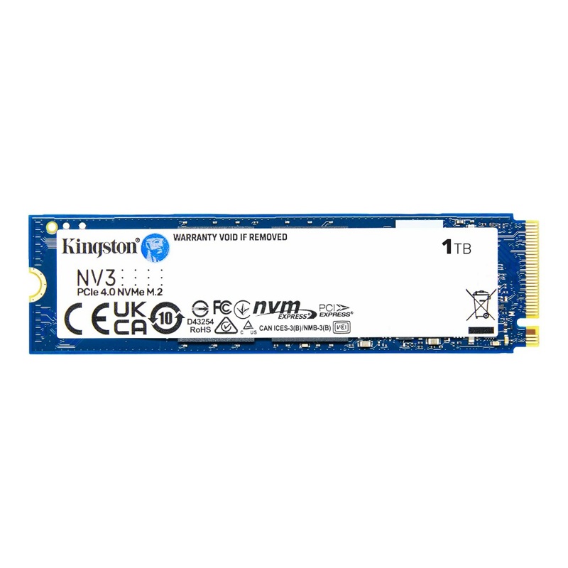 Твердотельный накопитель/ Kingston SSD NV3, 1000GB, M.2(22x80mm), NVMe, PCIe 4.0 x4, 3D TLC, R/W 6000/4000MB/s, TBW 320, DWPD 0.3 (12 мес) (SNV3S/1000G)