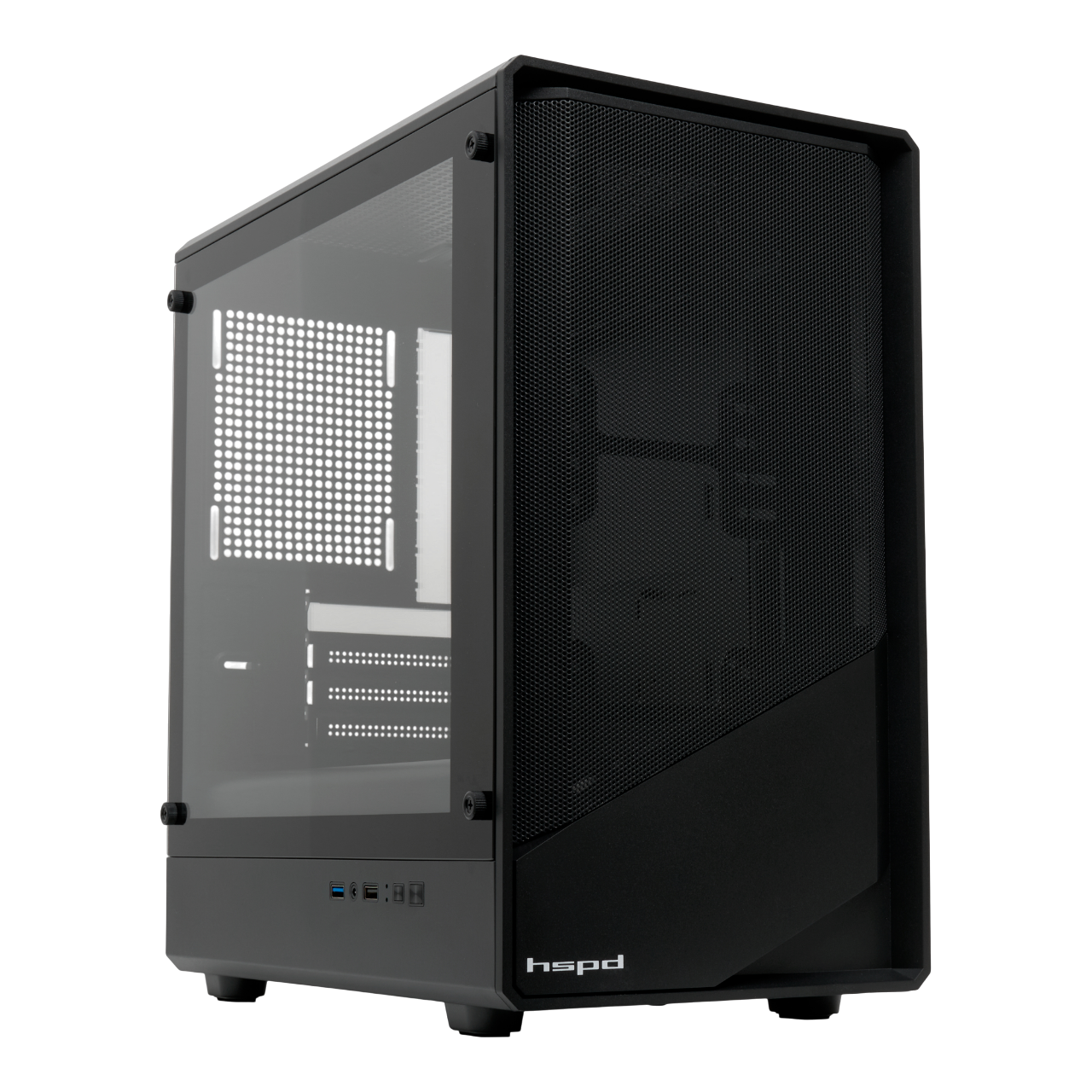 Корпус без блока питания/ Case HSPD M331, Mesh Mini-tower, Black, TG, 0.4 SPCC, no fans mATX, mITX 175/329/170mm 1x2.5", 2x3.5", 4xPCI 1xUSB-A 3.0, 1xUSB-A 1.0 370x220x408mm (M331-TGBK)