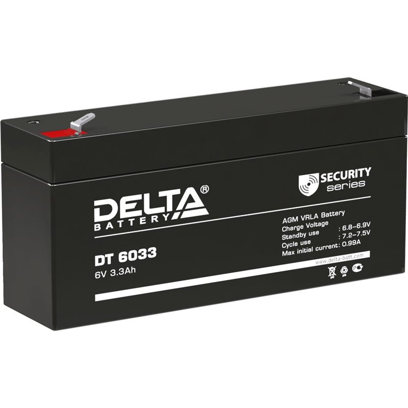 Батарея DELTA серия DT, DT 6033, напряжение 6В, емкость 3.3Ач (разряд 20 часов), макс. ток разряда (5 сек.) 50А, макс. ток заряда 0.99А, свинцово-кислотная типа AGM, клеммы F1, ДxШxВ 134х34х61мм., вес 0.65кг., срок службы 5 лет./ Battery DELTA series DT,