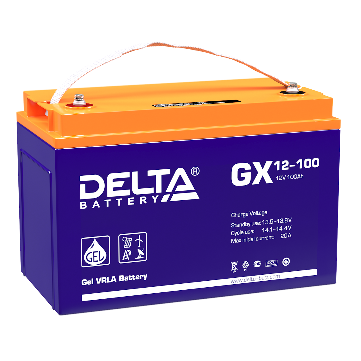 Батарея DELTA серия GX, GX 12-100, напряжение 12В, емкость 100Ач (разряд 10 часов), макс. ток разряда (5 сек.) 900А, макс. ток заряда 20А, свинцово-кислотная типа GEL, клеммы под болт М6, ДxШxВ 330х171х215мм., вес 32кг., срок службы 15 лет./ Battery DELT