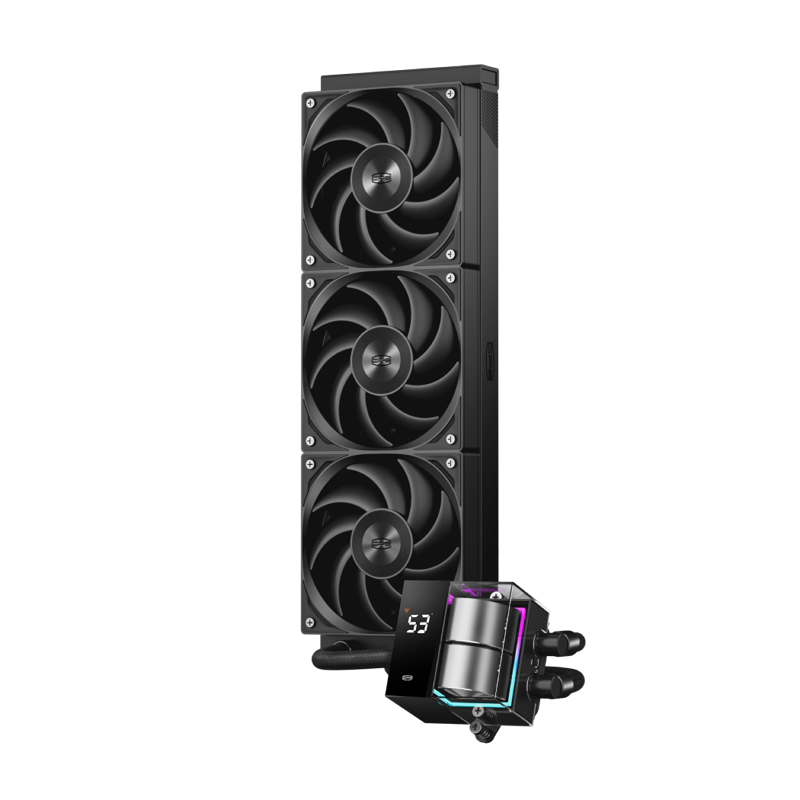 Система охлаждения/ PCCooler DS360 BK (310W, 360mm, LED temp., Black, ARGB Pump/ Fans: 3x120mm, 86.73CFM, 28dBA, 2200RPM/ Pump height 67mm, 28dBA, 3200RPM, Rad thickness 27mm/ S: 1851, 1700, 1200, 20XX, 115X, AM5, AM4)