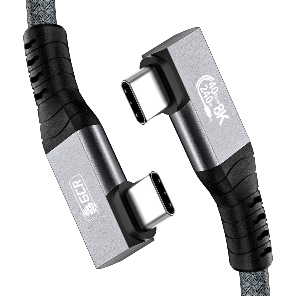GCR PRO Кабель USB4 Type-C, 2.0m, угловой, 40Gbps, 240W, 8K60Hz, M/M, разъемы Г-образные, боковые, текстиль, серый, GCR-57134