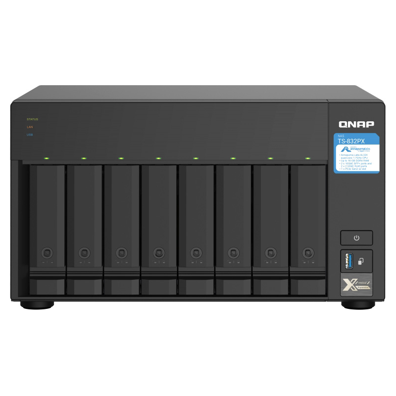 SMB QNAP TS-832PX-4G 8-Bay NAS, AL324 64-bit quad-core 1.7GHz, 4GB DDR4 SODIMM RAM (up to 1x16 GB), 8 x 3.5"/ 2.5" drive slots, 2 x 10GbE SFP+ LAN, 2 x 2.5 GbE LAN, 3 x USB 3.2, PCIe slot Gen.2 x 2, 3xUSB 3.2