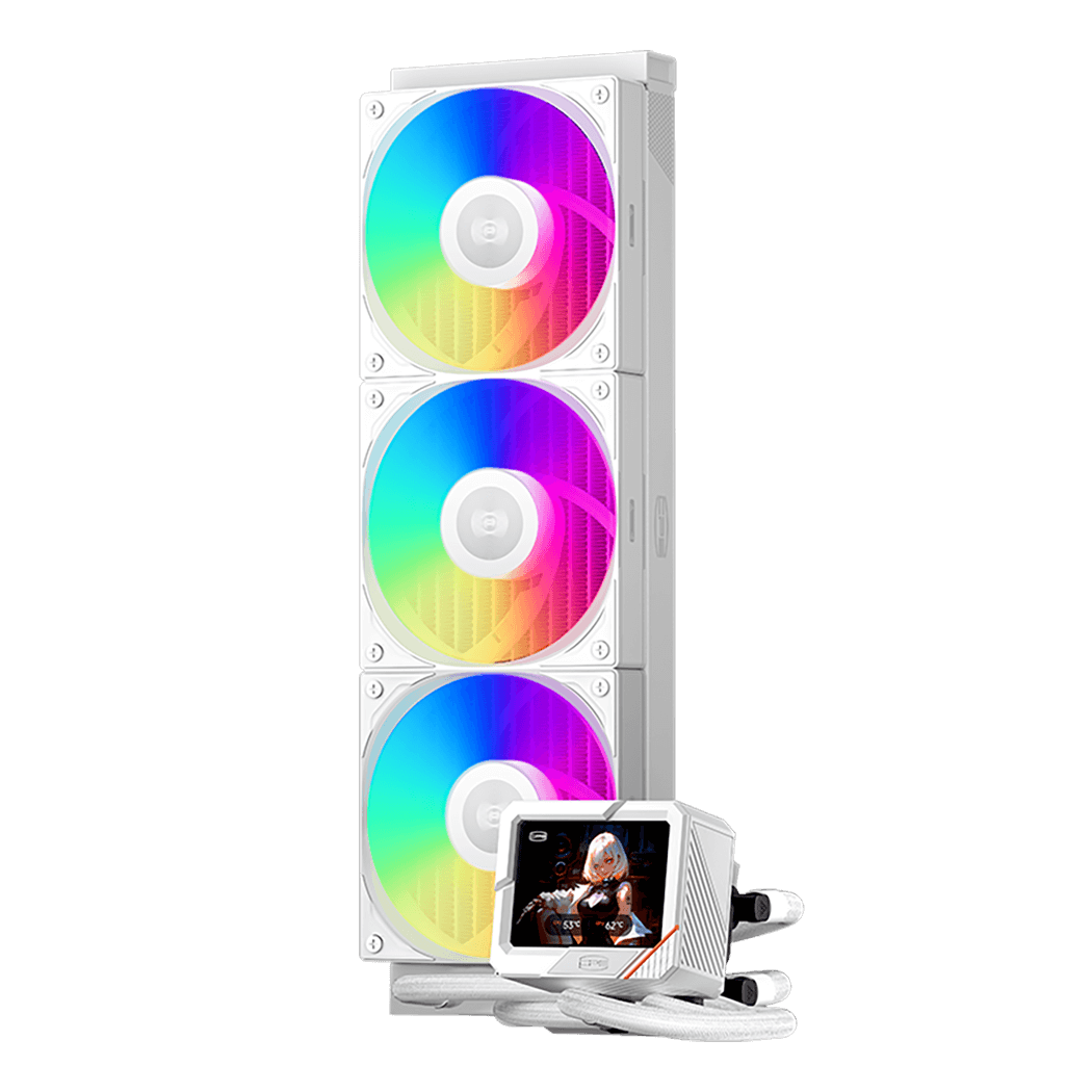 Система охлаждения/ Water Cooling System PCCooler GT360 ARGB Display WH (310W, 360mm, LED temp., White, ARGB/ Fans: 3x120mm, 99CFM, 41.5dBA, 3000RPM/ Pump 15dBA, 2600RPM, Rad thickness 27mm/ S: 1851, 1700, 1200, 115X, AM5, AM4)