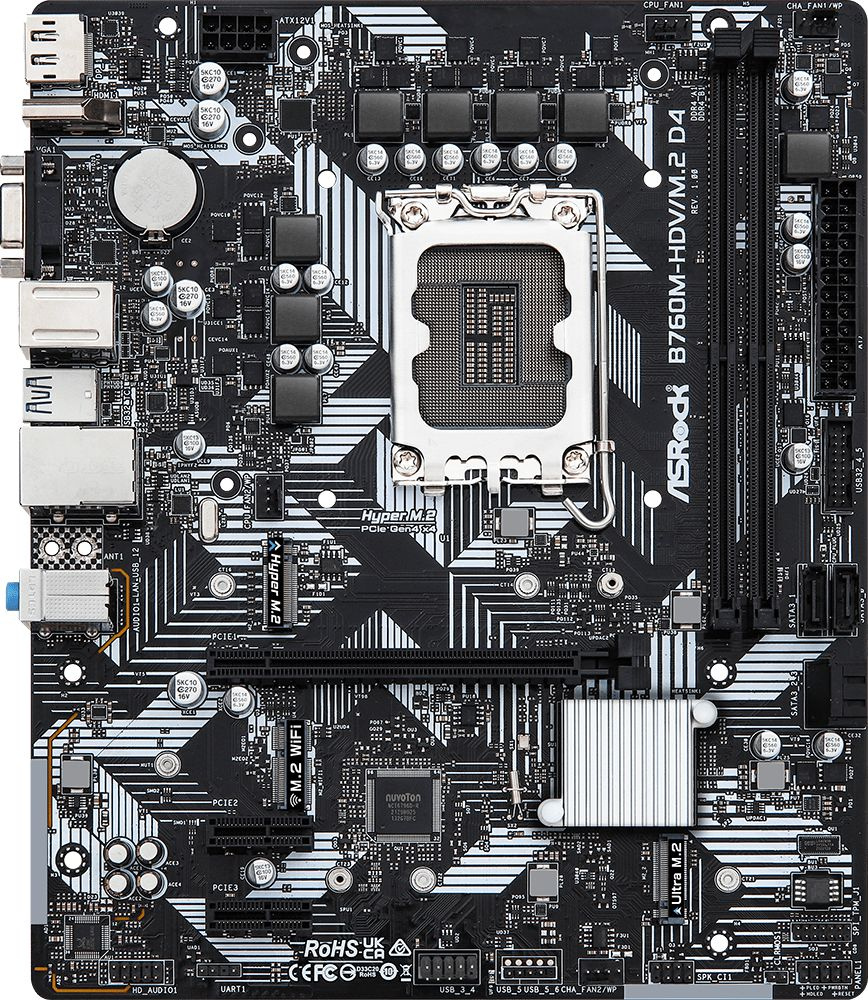 Материнская плата ASROCK B760M-HDV/M.2 D4, LGA1700, B760, 2*DDR4, 4*SATA, 2*M.2, 3*USB 3.2, 2*USB 2.0, Type-C, 1*PCIx16, 2*PCIx1, 1xM.2 (Key E), HDMI+DP, mATX