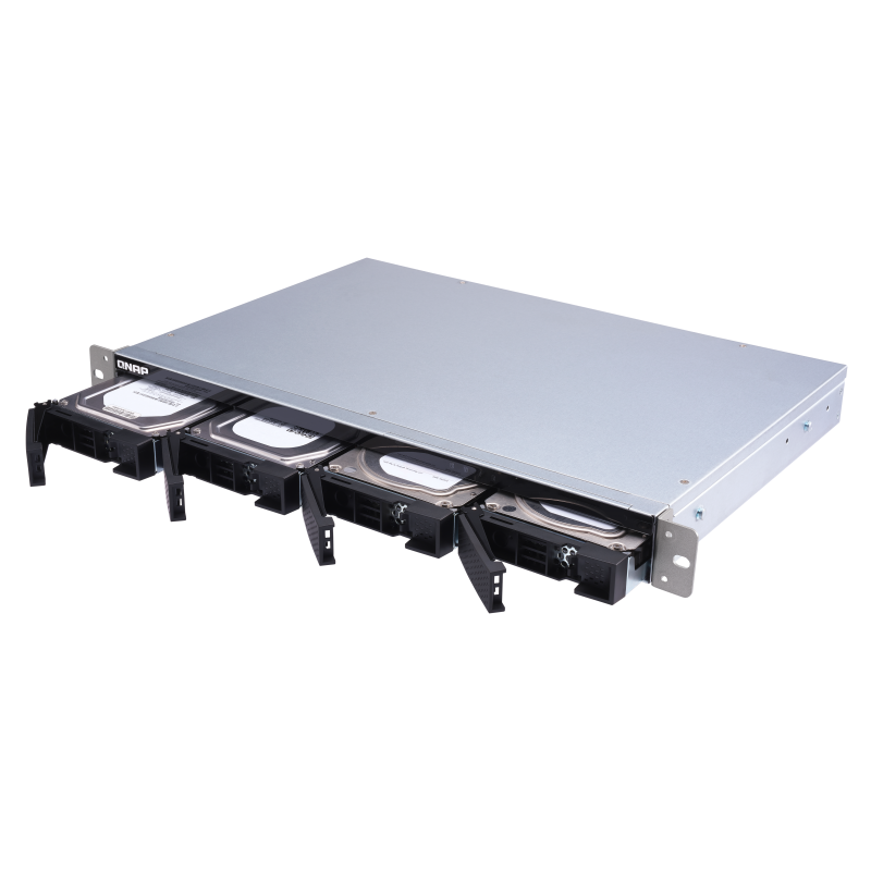 Полка расширения сетевого хранилища без дисков/ SMB QNAP TL-R400S SATA 6GB/s JBOD storage enclosure, 4-tray 3,5"/2,5" w/o HDD, 1 x SFF-8088, 1 PSU. Rackmount. W/o rail kit RAIL-B02