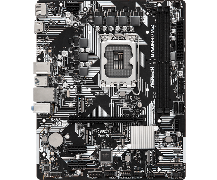 ASROCK B760M-H/M.2, LGA1700, B760, 2*DDR5, DP+HDMI, 4xSATA3 6.0 (RAID), M.2 Socket, USB 3.2, USB 2.0, mATX; 90-MXBM40-A0UAYZ
