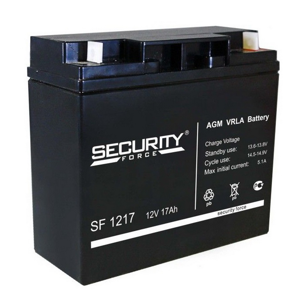 Батарея SECURITY FORCE серия SF, SF 1217, напряжение 12В, емкость 17Ач (разряд 20 часов), макс. ток разряда (5 сек.) 18А, макс. ток заряда 5.1А, свинцово-кислотная типа AGM, клеммы под гайку и болт M6, ДxШxВ 181х77х167мм., вес кг., срок службы 3-5 лет./