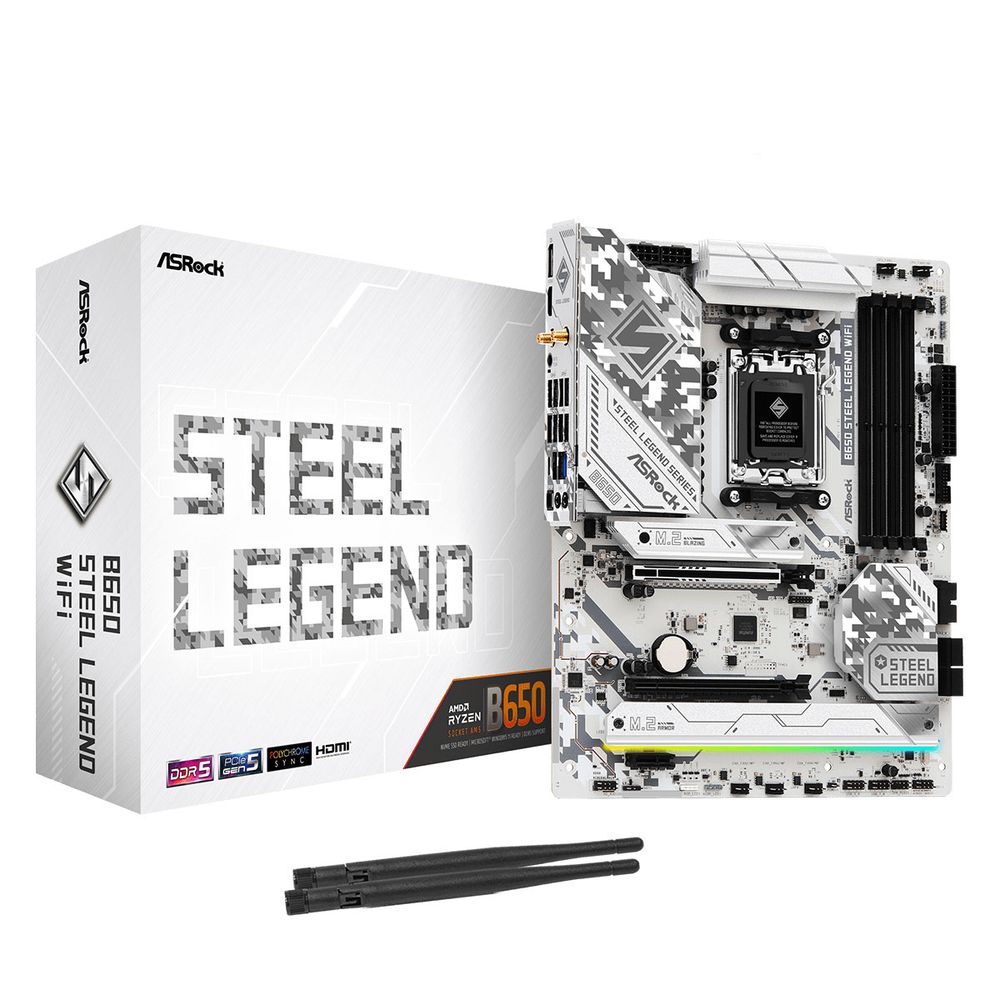 Материнская плата ASROCK B650 STEEL LEGEND WIFI, AM5, B650, 4*DDR5, 2*SATA, 3*M.2, 5*USB 3.2, 2*USB 2.0, Type-C, 2*PCIx16, 1*M.2 (Key E), HDMI+DP, ATX